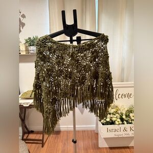 Olive Green Crochet Poncho with Fringe